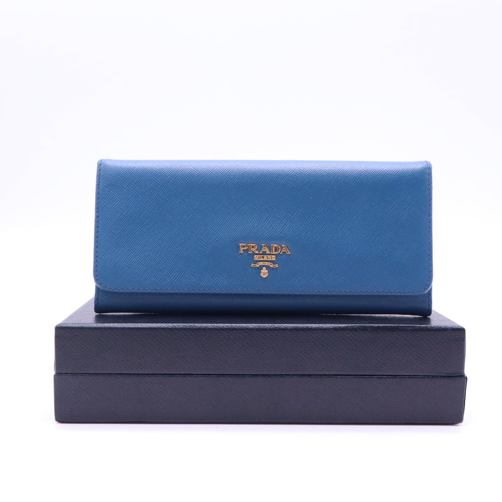 Prada Saffiano Metal Oro Continental Flap Wallet Blue W21372