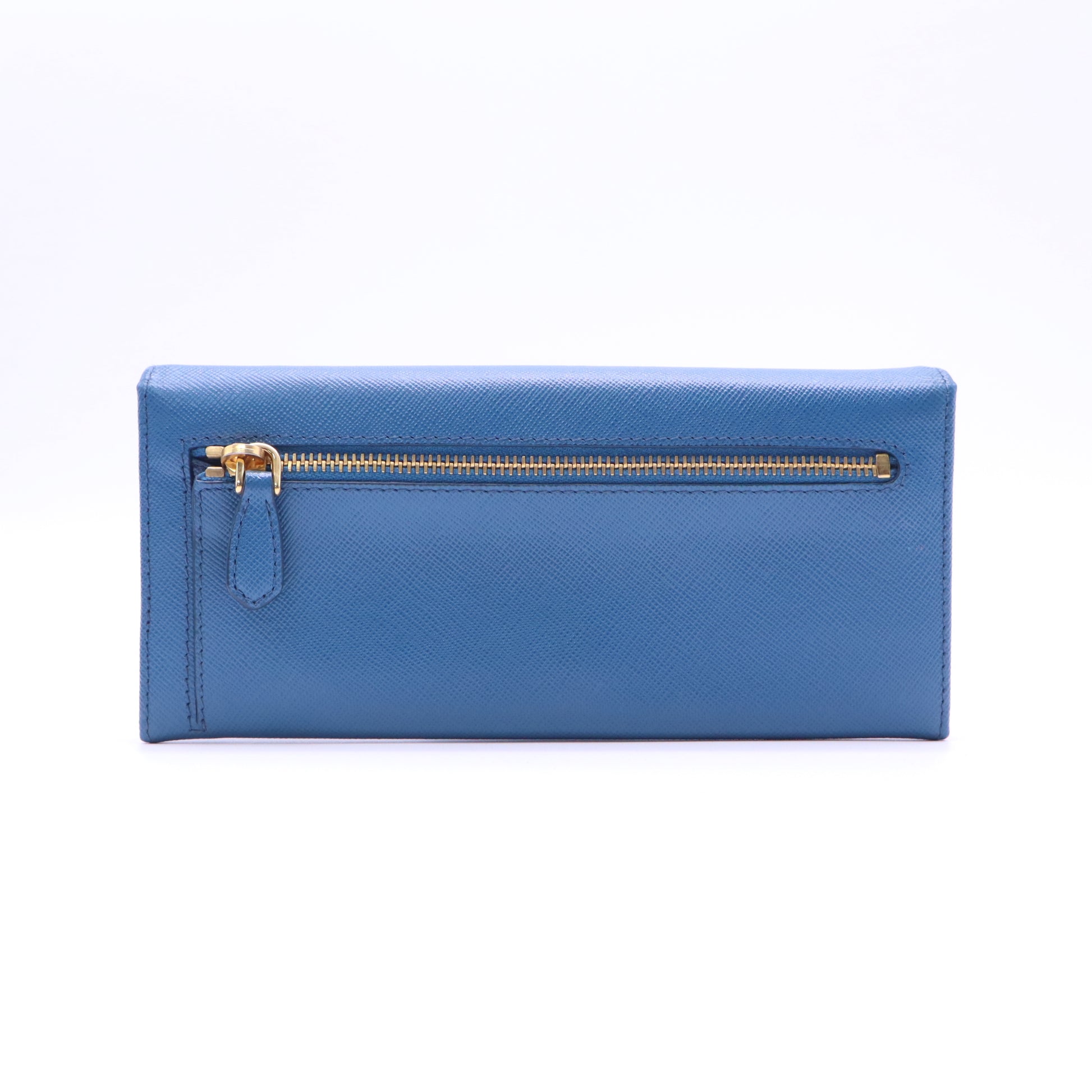 Prada Saffiano Metal Oro Continental Flap Wallet Blue W21372