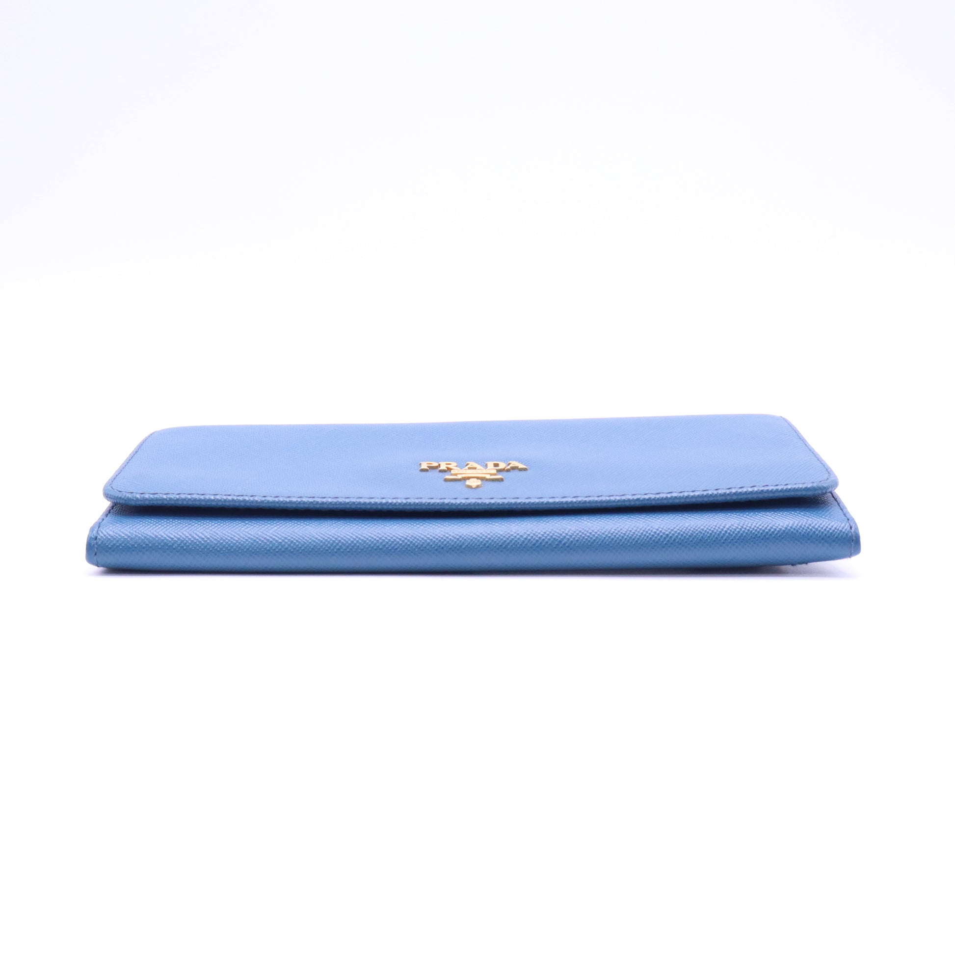 Prada Saffiano Metal Oro Continental Flap Wallet Blue W21372