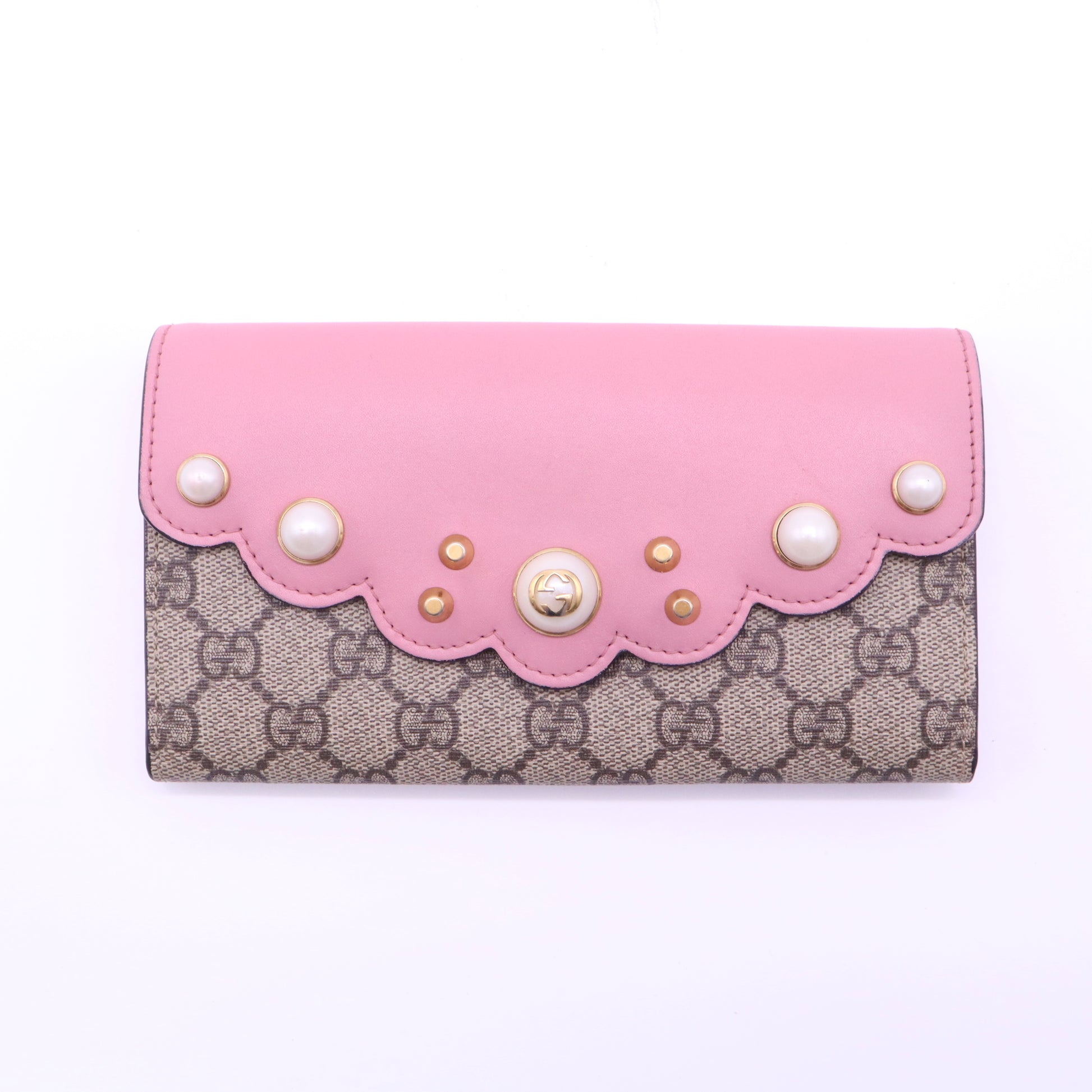 Gucci GG Supreme Pearl Scalloped Continental Wallet Pink W21384