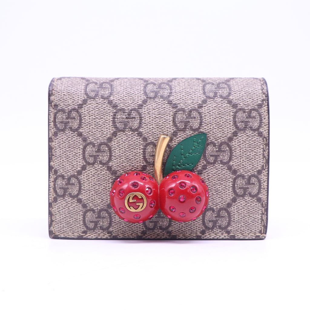 GG Supreme Monogram Cherry Embellished Card Case Wallet Hibiscus Red W20862