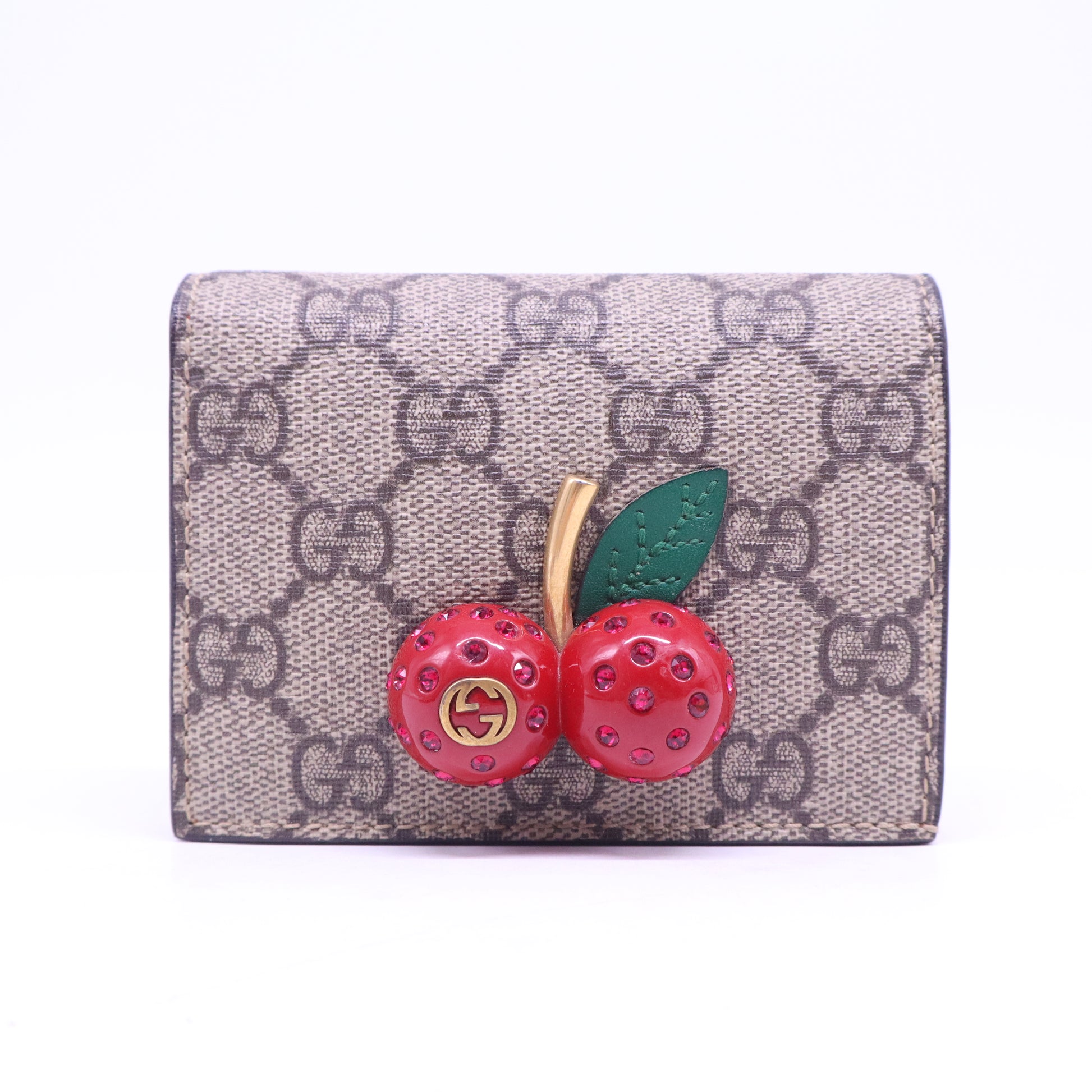 Gucci GG Supreme Monogram Cherry Embellished Card Case Wallet Hibiscus Red W20862