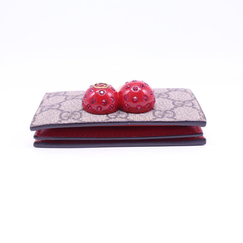 GG Supreme Monogram Cherry Embellished Card Case Wallet Hibiscus Red W20862