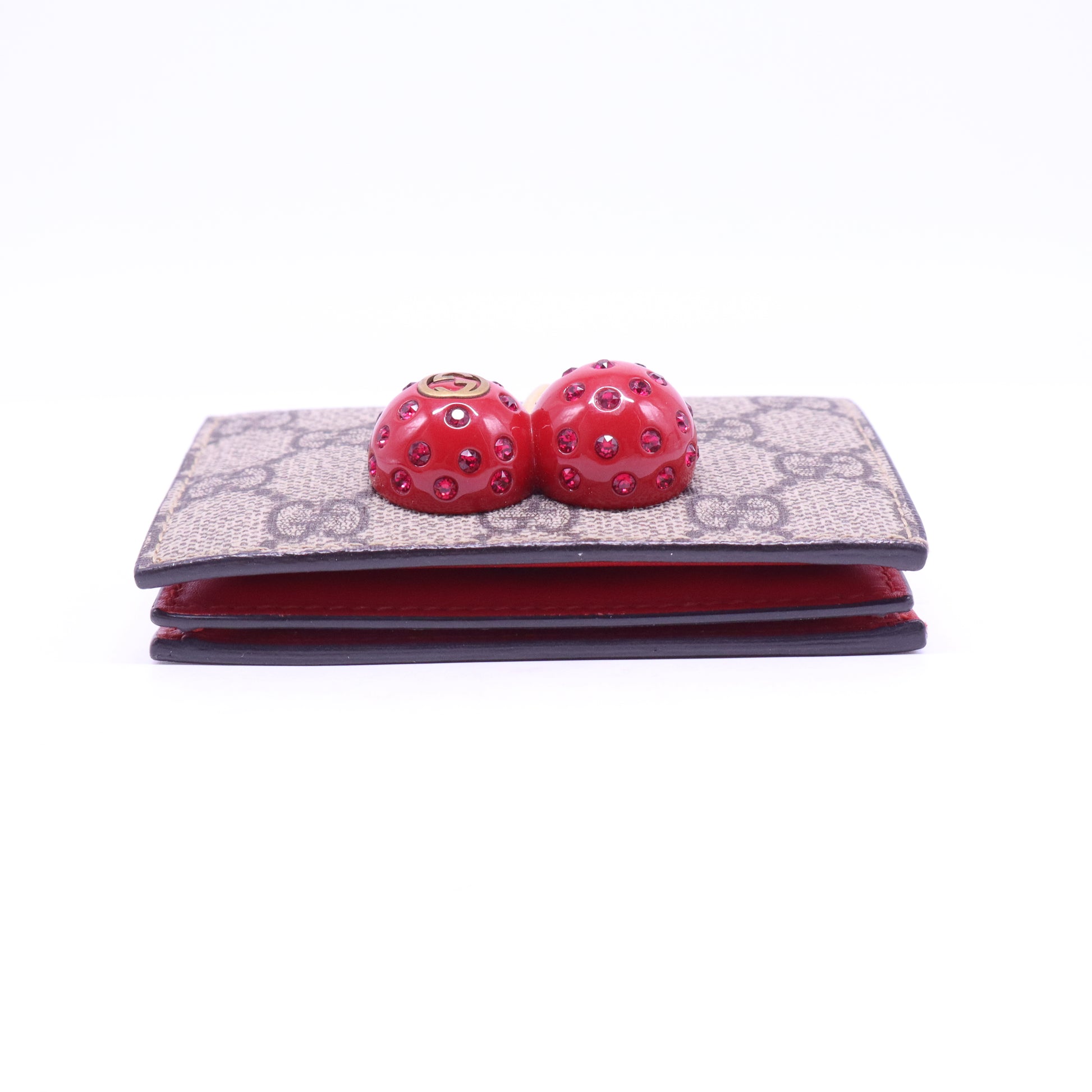GG Supreme Monogram Cherry Embellished Card Case Wallet Hibiscus Red W20862