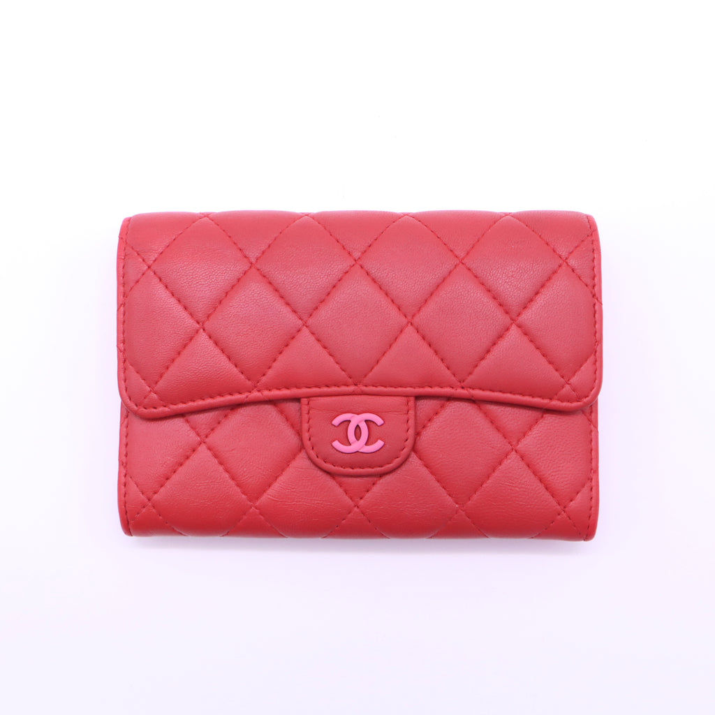Chanel 19 Lambskin Quilted Flap Compact Wallet Red W21444