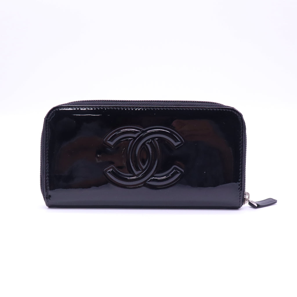 Chanel Cambon Line Patent Leather Zip Around Wallet Black W21316