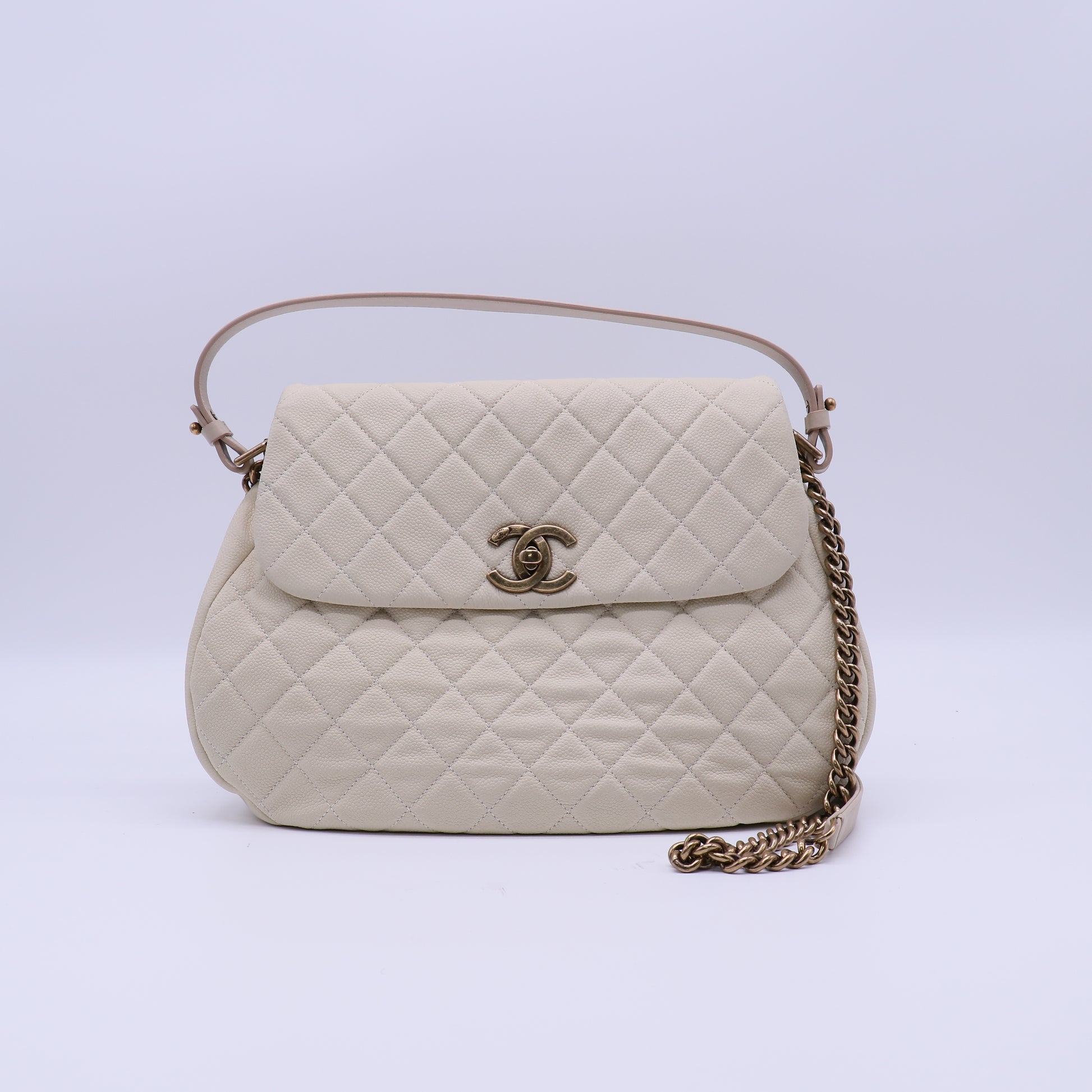 Chanel Light Beige Quilted Matte Caviar Leather CC Messenger Bag twinsB22124