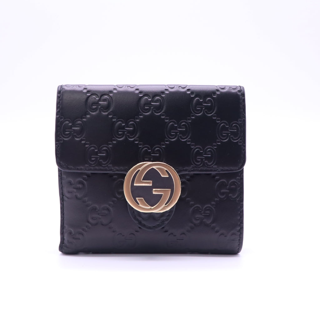 Gucci Black Guccissima Leather Interlocking G French Wallet W21409