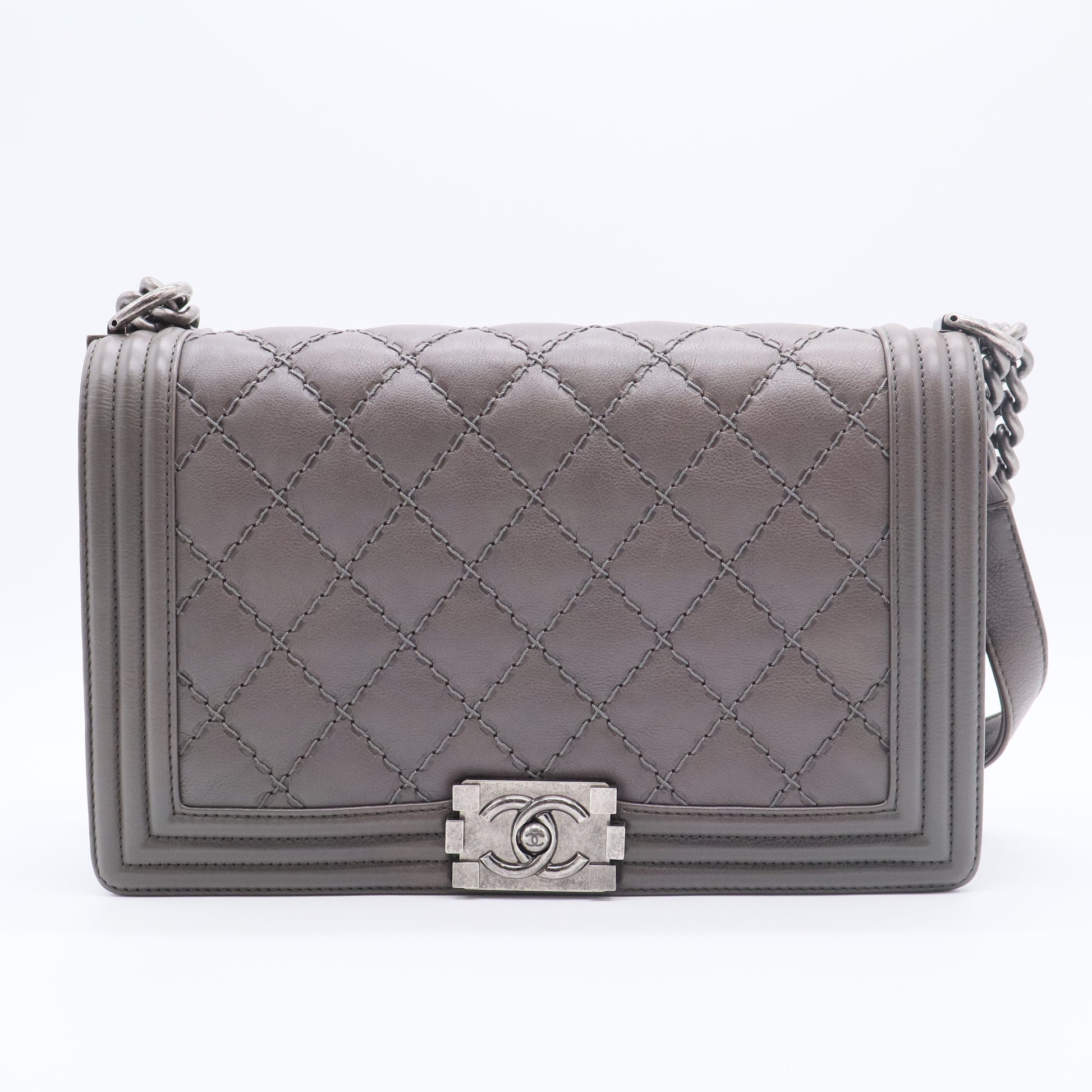 Calfskin Double Stitch New Medium Boy Flap Grey