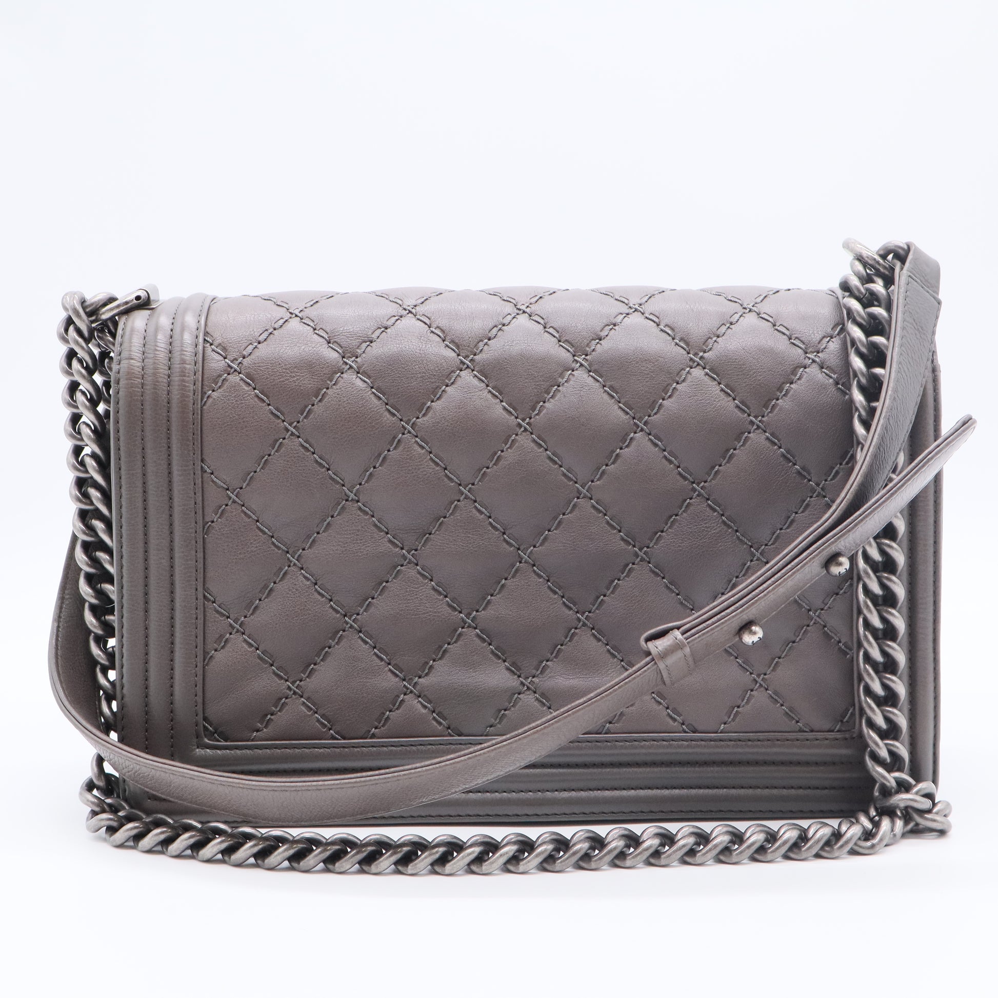 Calfskin Double Stitch New Medium Boy Flap Grey