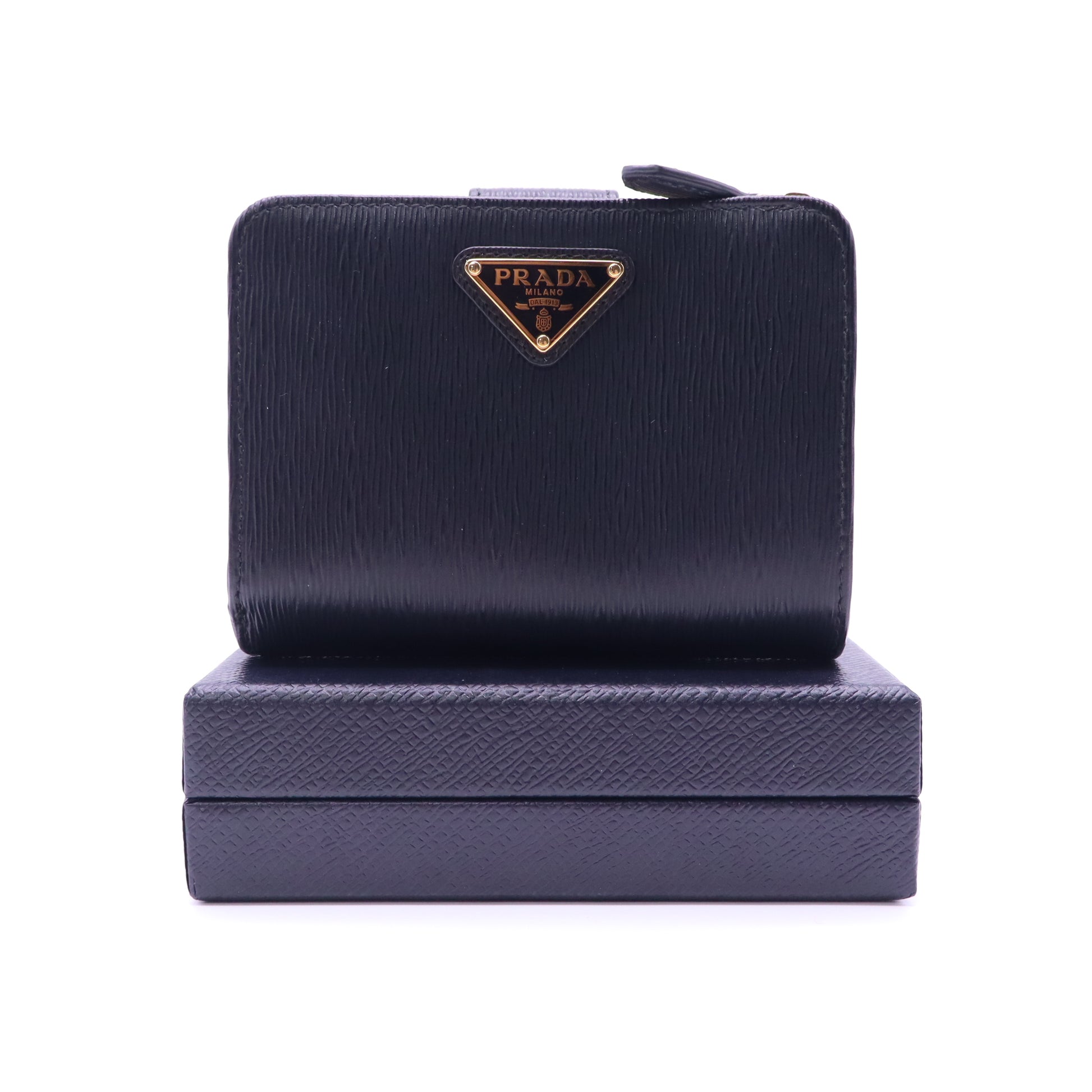 Prada Vitello Move Triangle Logo Compact Wallet Navy W21346