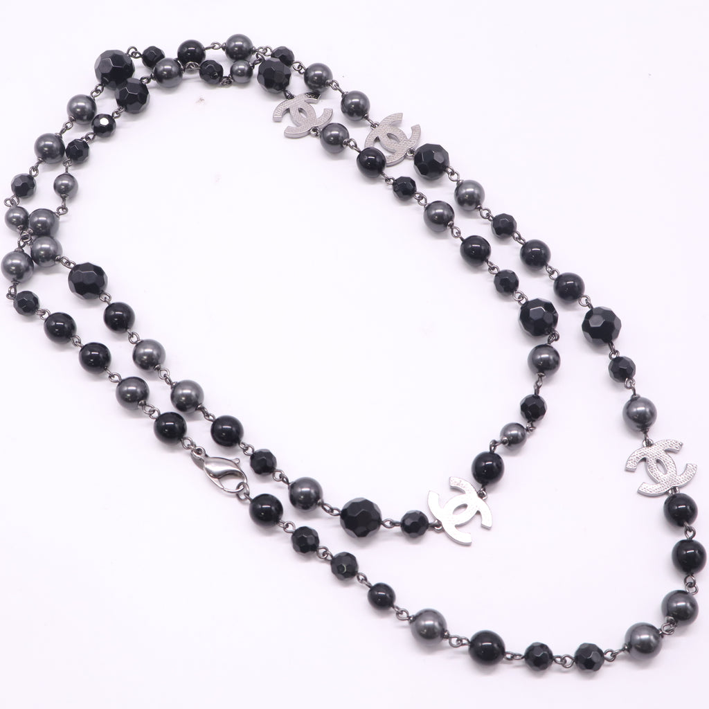 Chanel Ruthenium Pearl Beaded CC Long Necklace Black Twins LDJ4980