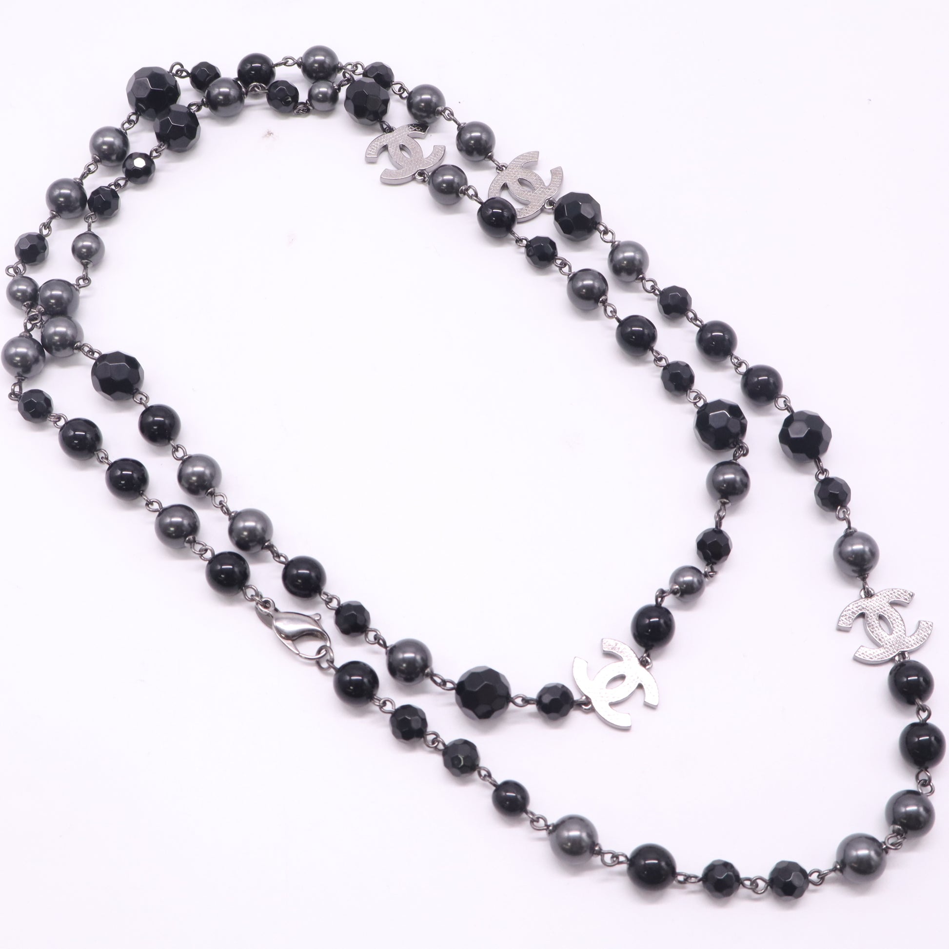 Chanel Ruthenium Pearl Beaded CC Long Necklace Black Twins LDJ4980
