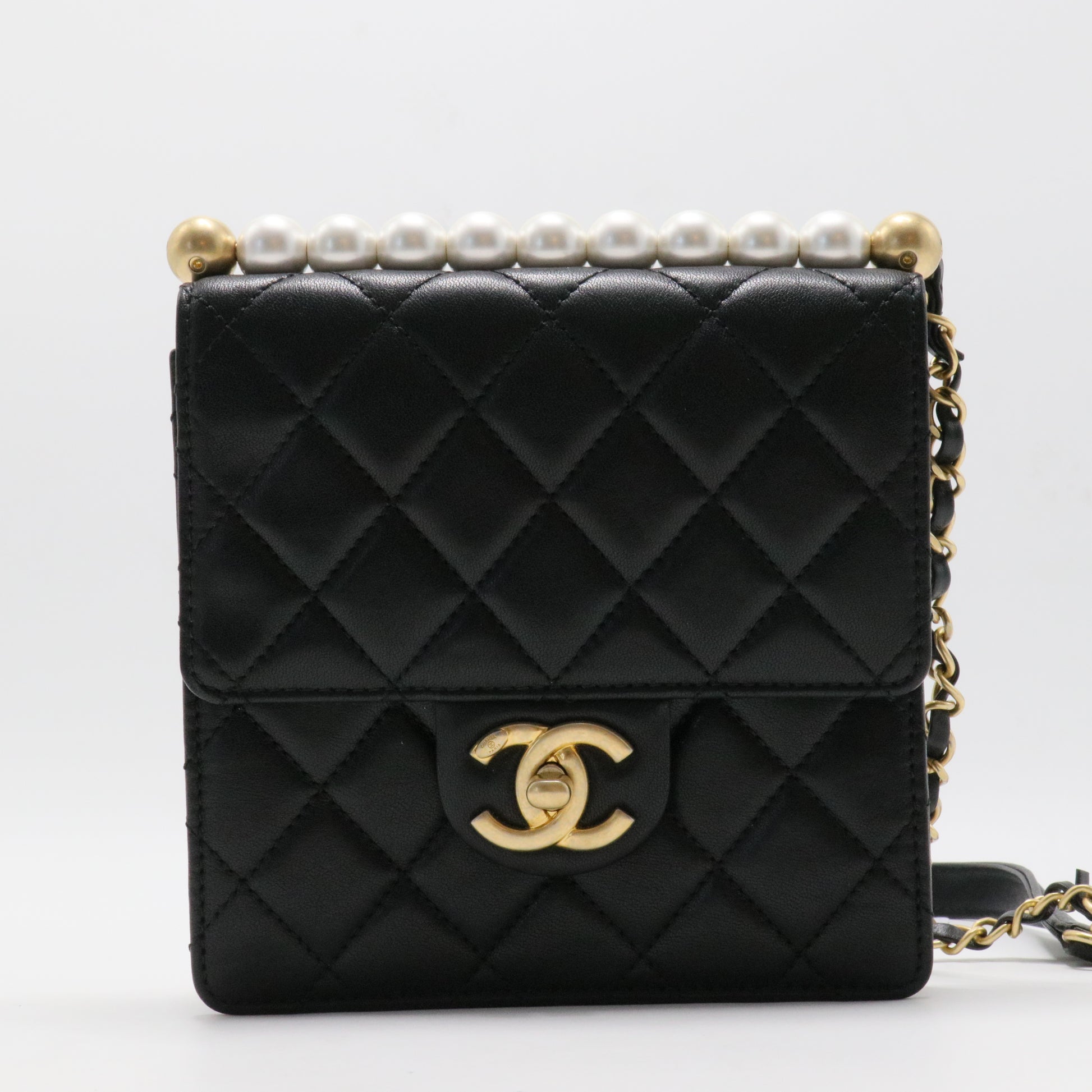 Pearl Chain Flap Bag Quilted Lambskin Small