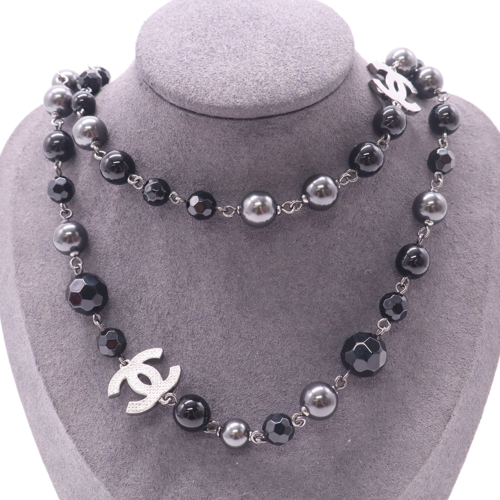 Chanel Ruthenium Pearl Beaded CC Long Necklace Black Twins LDJ4980