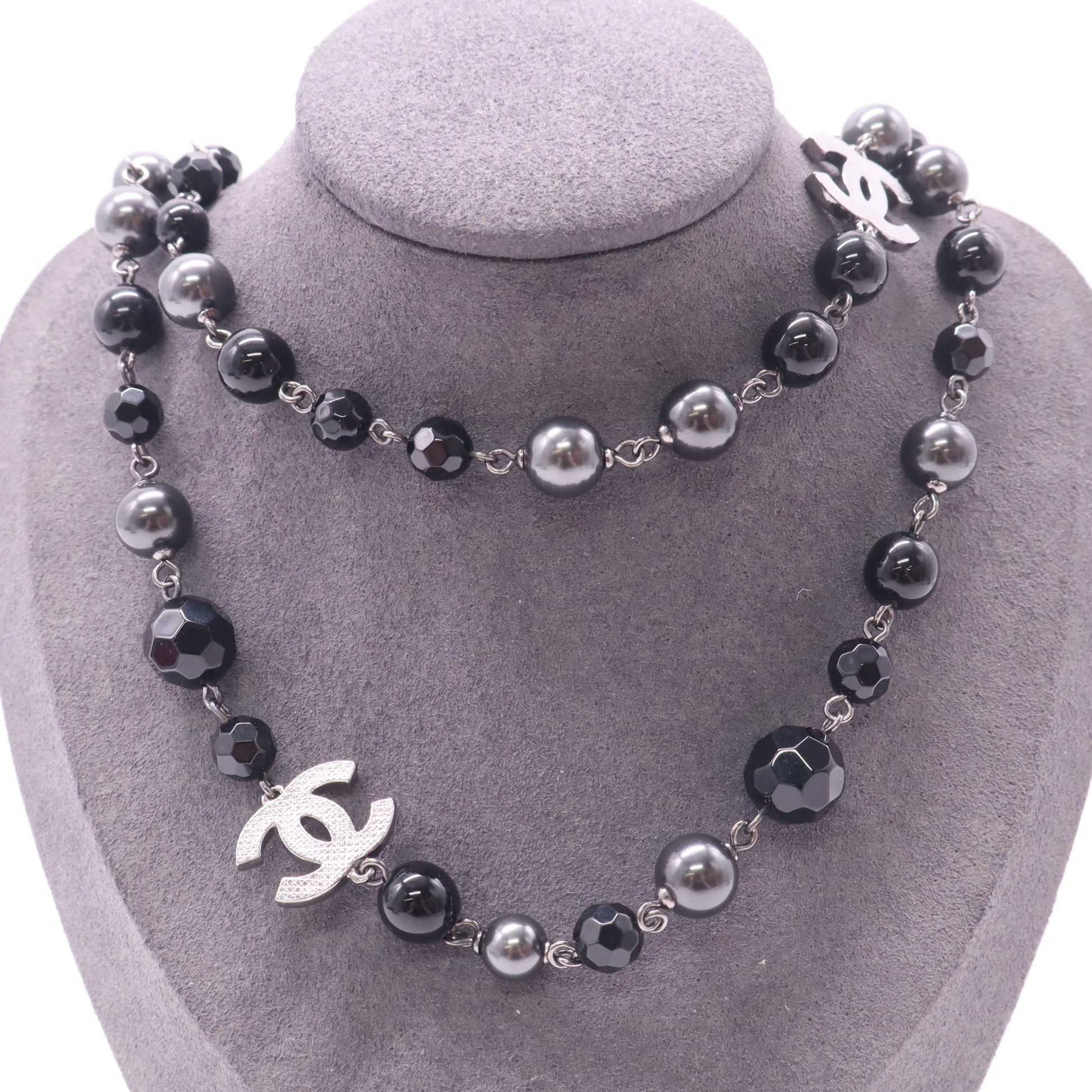Chanel Ruthenium Pearl Beaded CC Long Necklace Black Twins LDJ4980