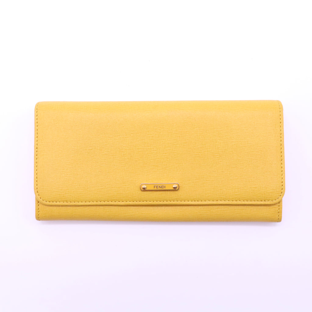Fendi Textured Leather Metal Logo Plate Continental Flap Wallet Yellow W21472