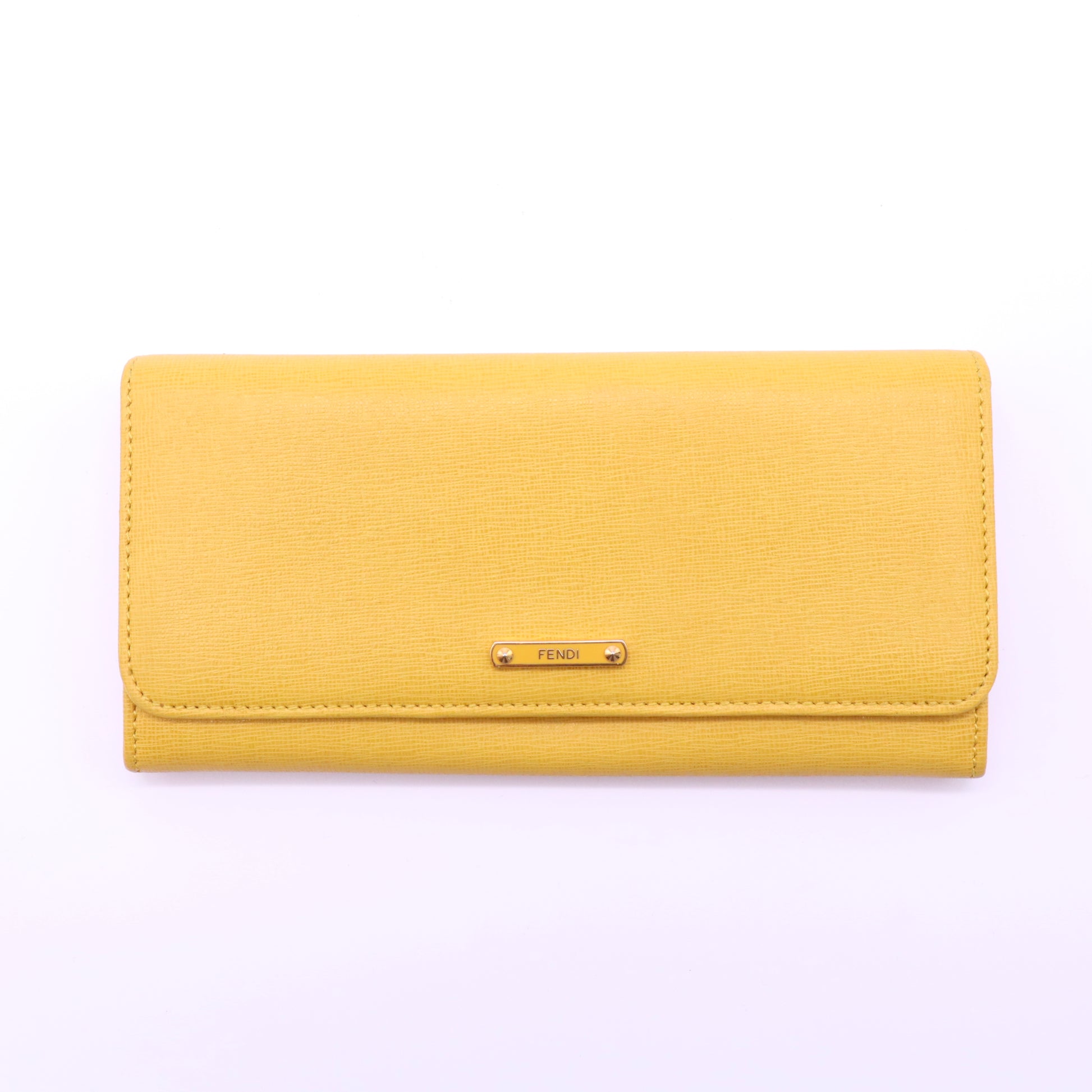 Fendi Textured Leather Metal Logo Plate Continental Flap Wallet Yellow W21472