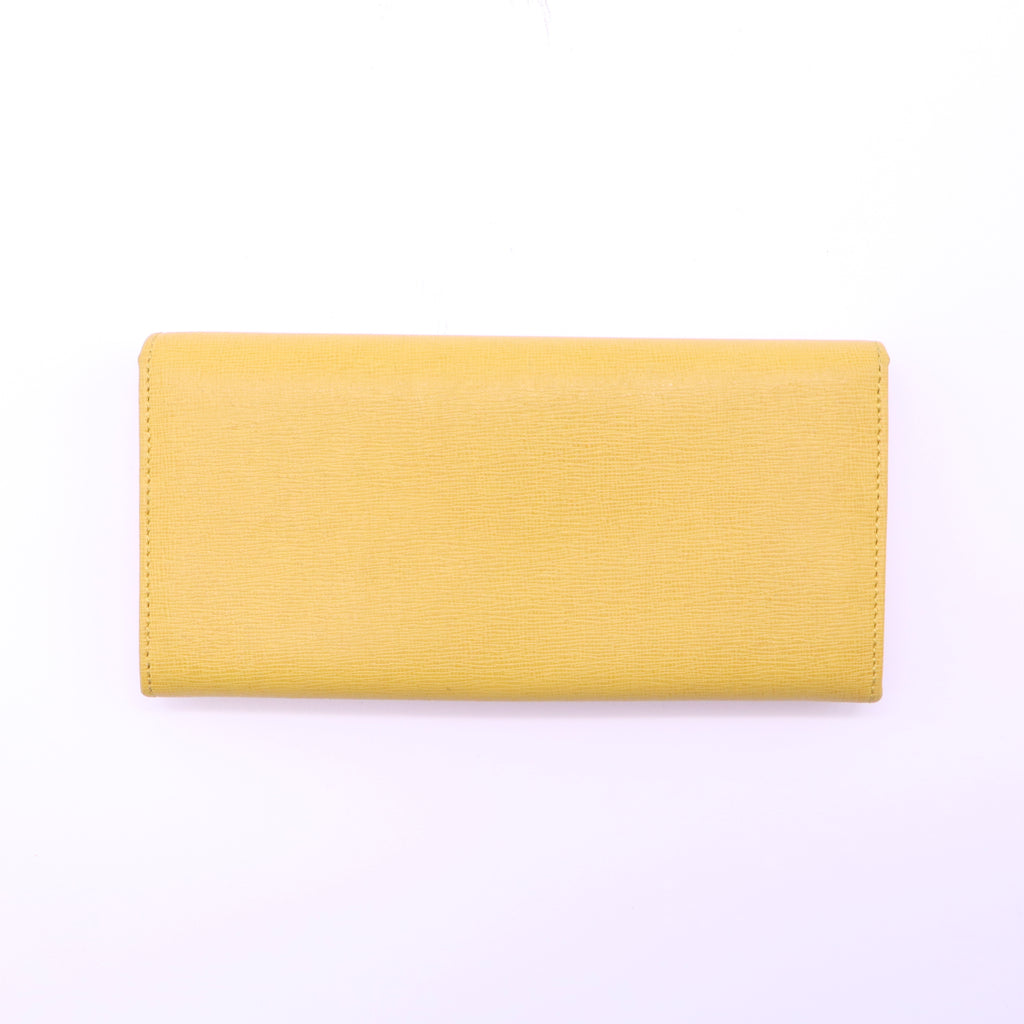 Fendi Textured Leather Metal Logo Plate Continental Flap Wallet Yellow W21472
