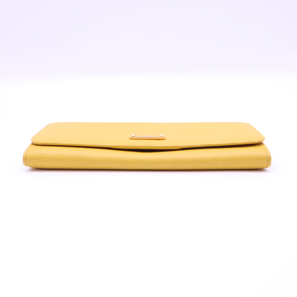 Fendi Textured Leather Metal Logo Plate Continental Flap Wallet Yellow W21472
