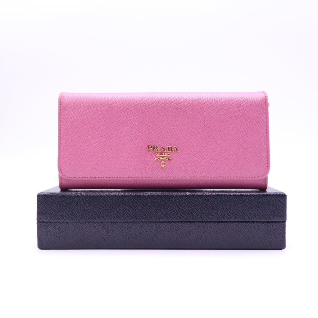 Prada Saffiano Metal Oro Continental Flap Wallet Pink W21454