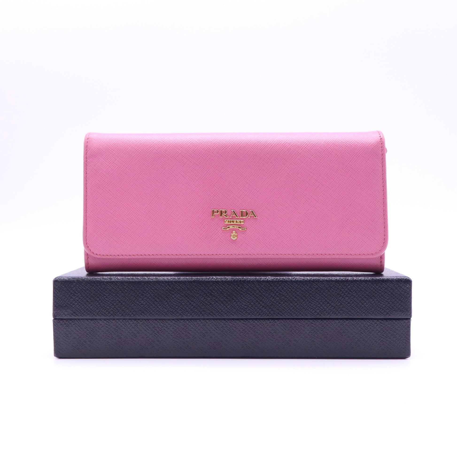 Prada Saffiano Metal Oro Continental Flap Wallet Pink W21454