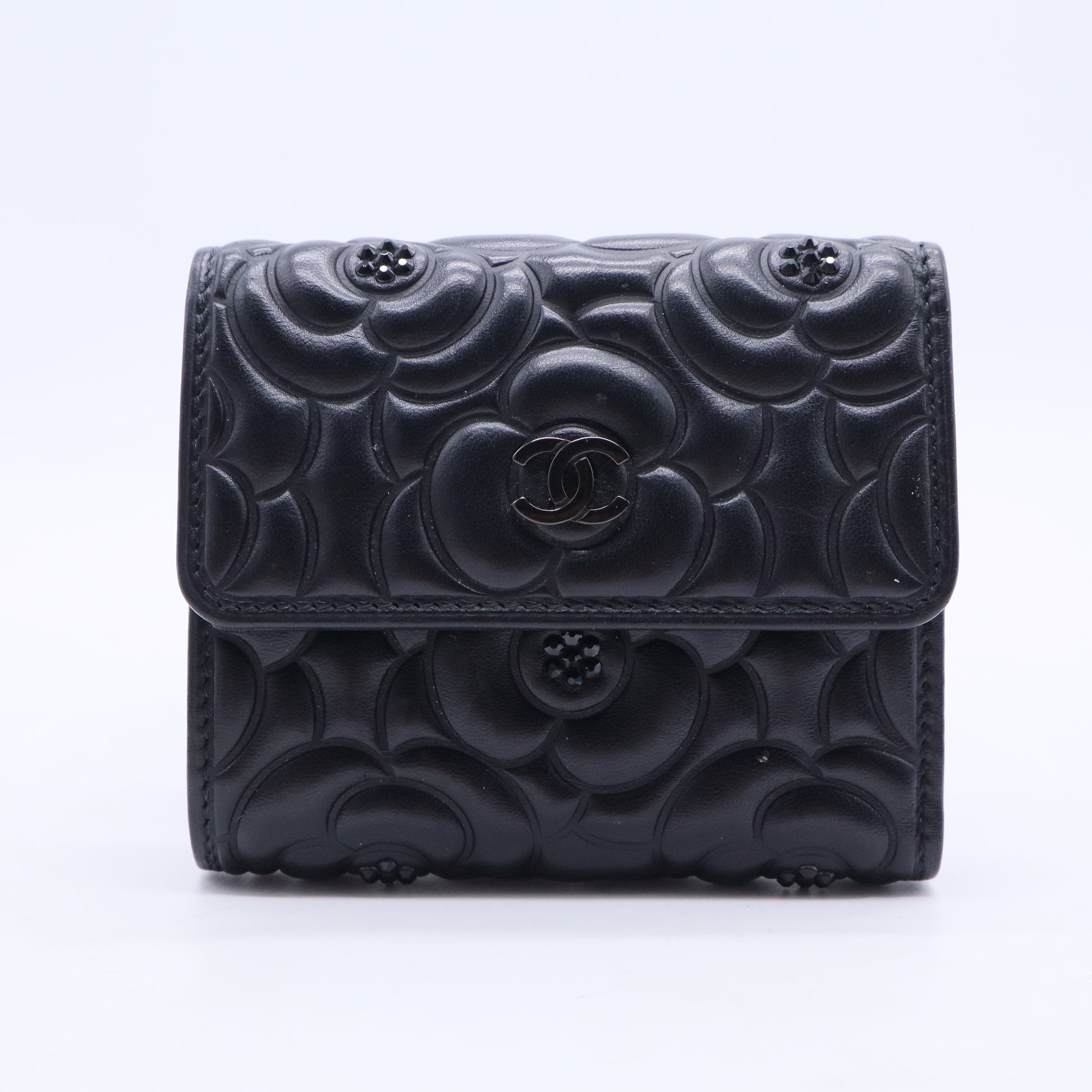 Caviar Camellia Embossed Card Holder Wallet Black Twins LDJ2817