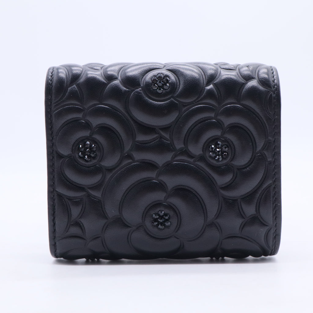 Caviar Camellia Embossed Card Holder Wallet Black Twins LDJ2817