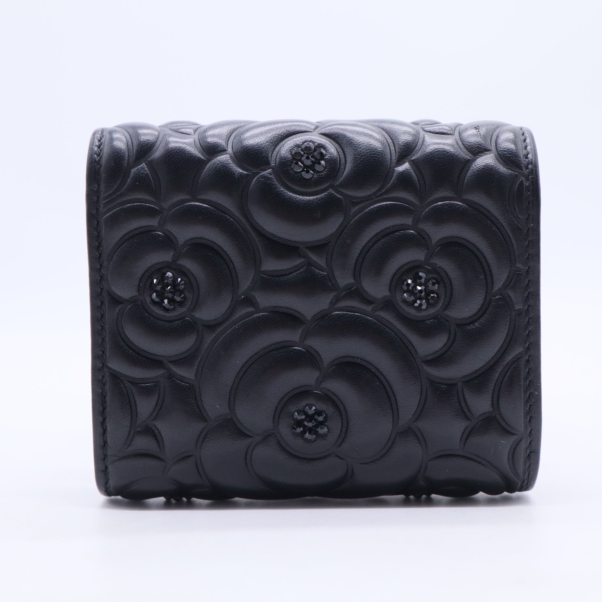 Caviar Camellia Embossed Card Holder Wallet Black Twins LDJ2817