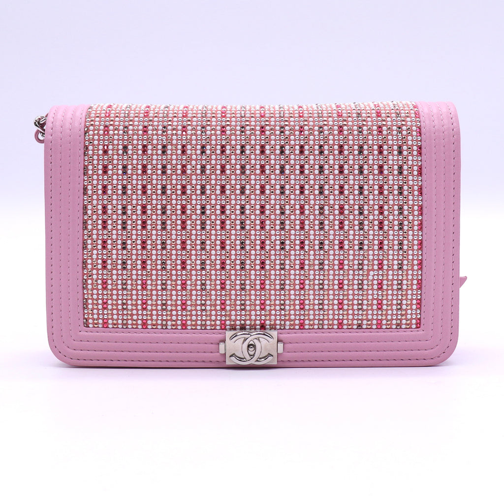 CHANEL Calfskin Crystal Studded Boy Wallet on Chain Crossbody Bag Twins LDJ3590