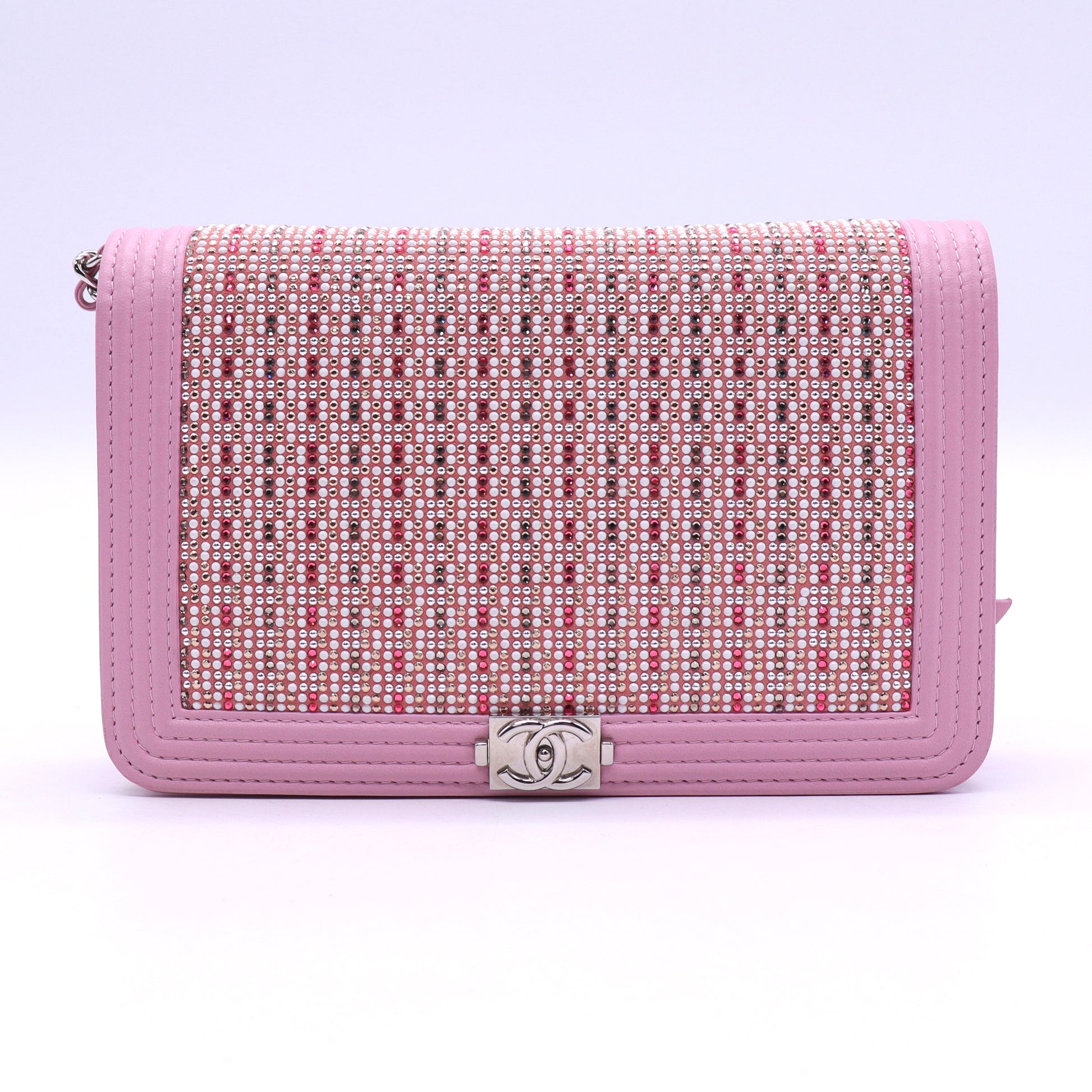 CHANEL Calfskin Crystal Studded Boy Wallet on Chain Crossbody Bag Twins LDJ3590