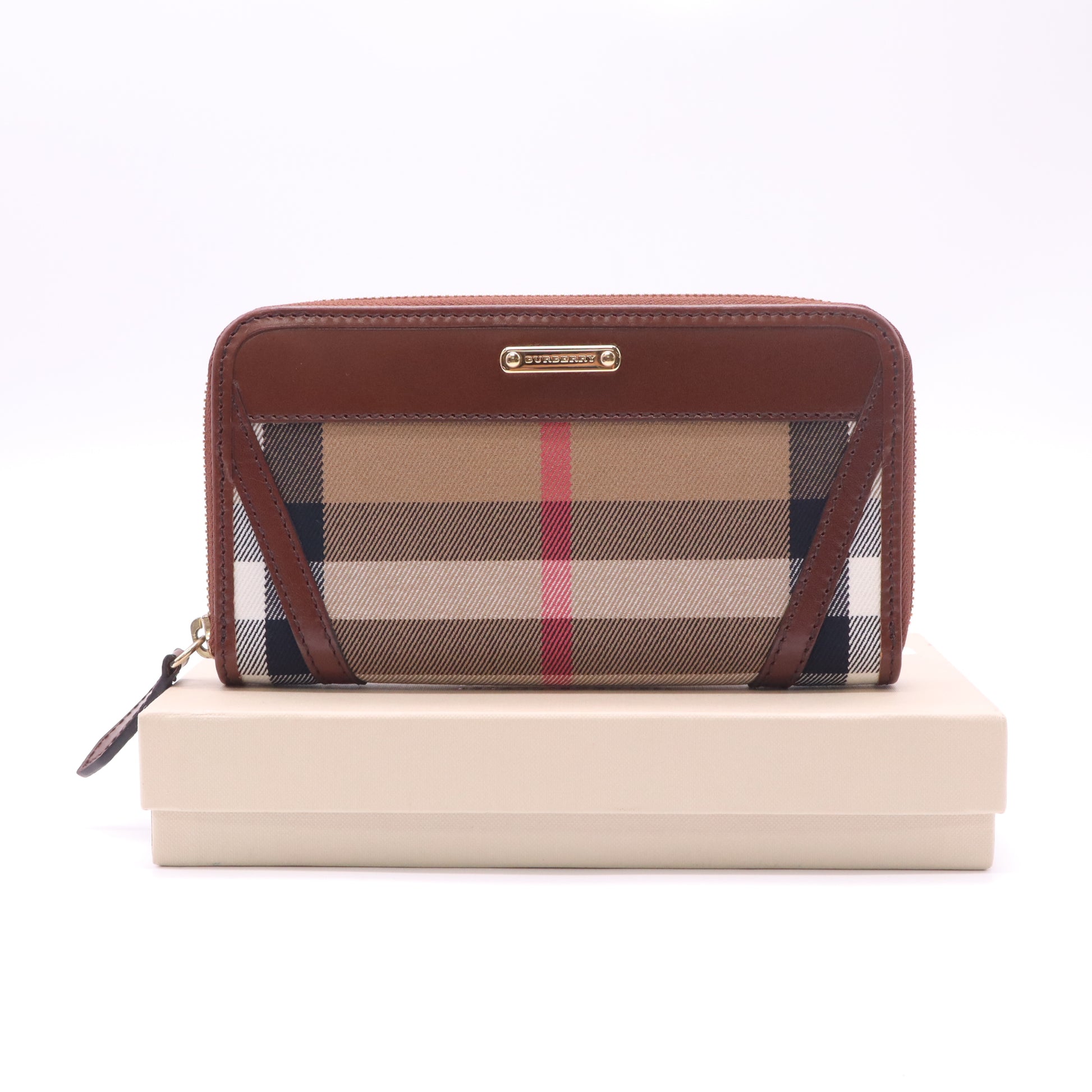 House Check Bridle Calfskin Ziggy Zip Around Wallet Dark Tan W22533