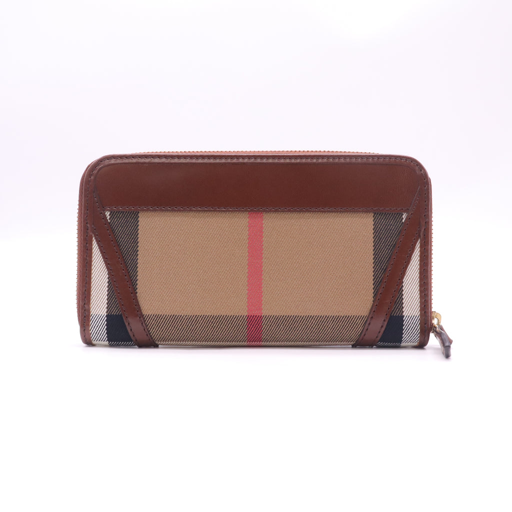 House Check Bridle Calfskin Ziggy Zip Around Wallet Dark Tan W22533