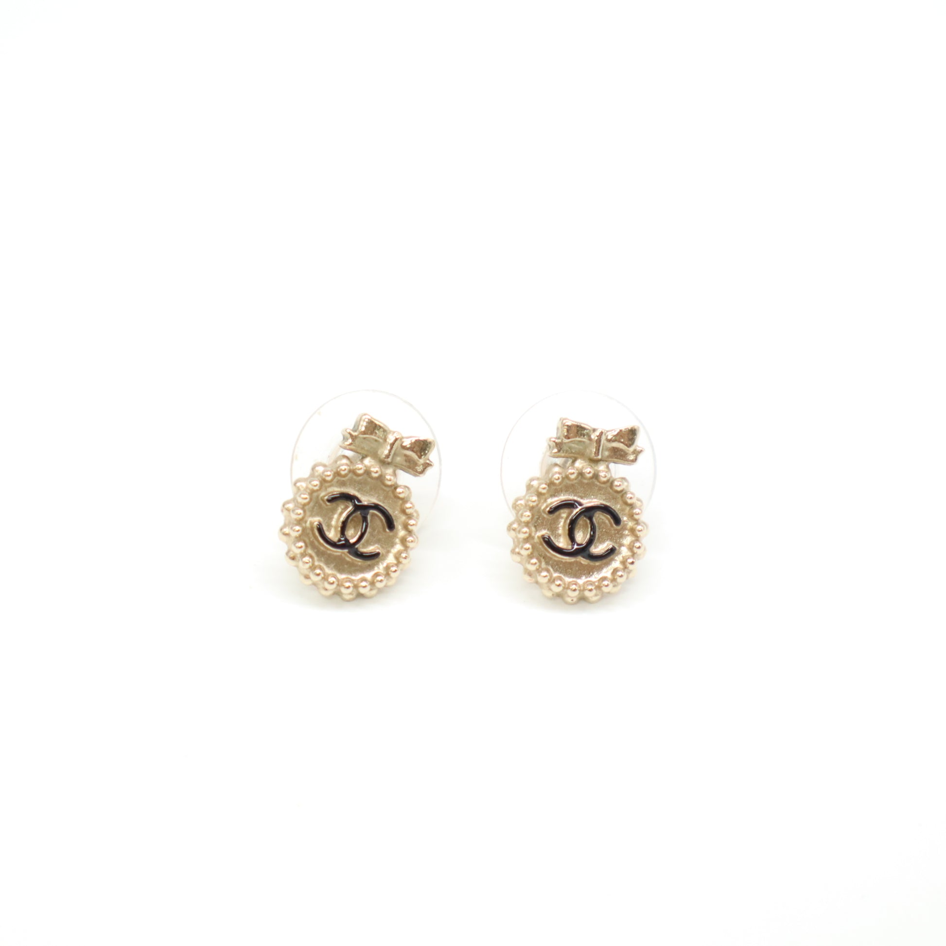 Chanel Ribbon Bow Circle CC Stud Earrings W21741