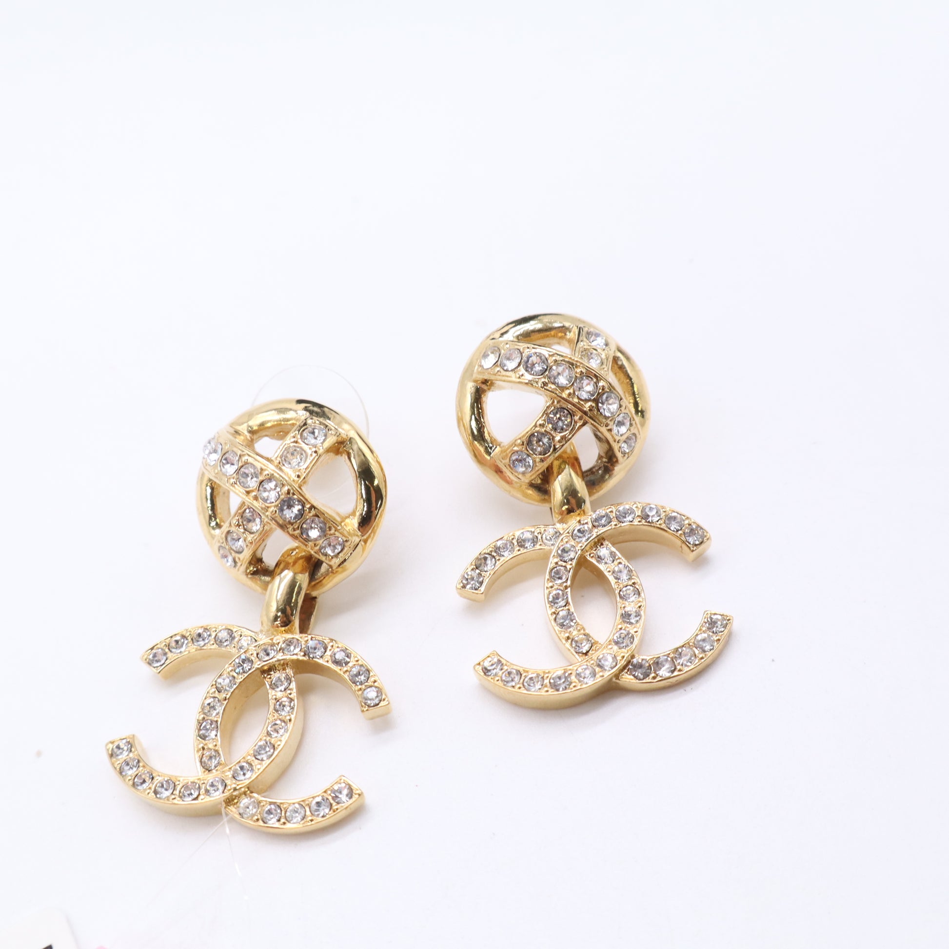 Chanel Gold-Tone Openwork Sphere CC Pendant Drop Earrings Twins LDJ5636