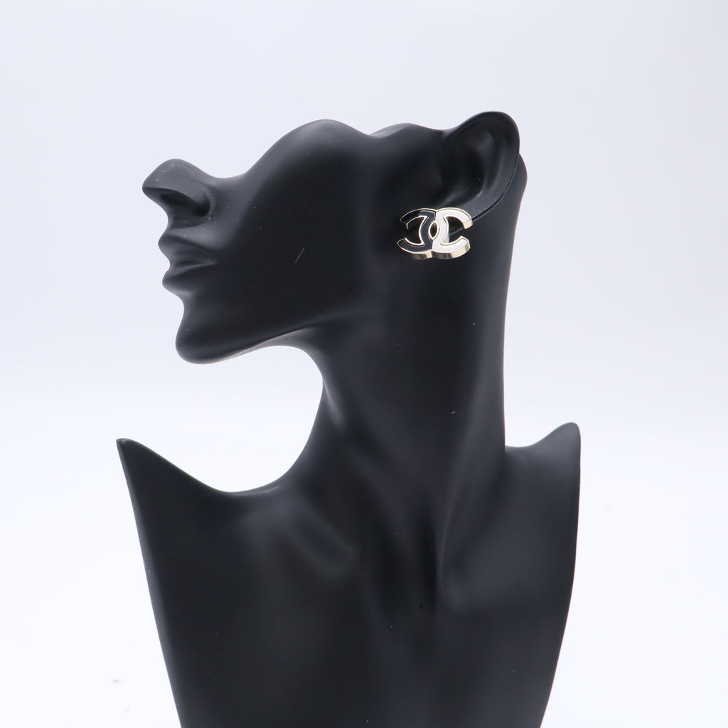 Chanel Two Tone CC Enamel Stud Earrings in Gold, Black, and White Twins LDJ5637