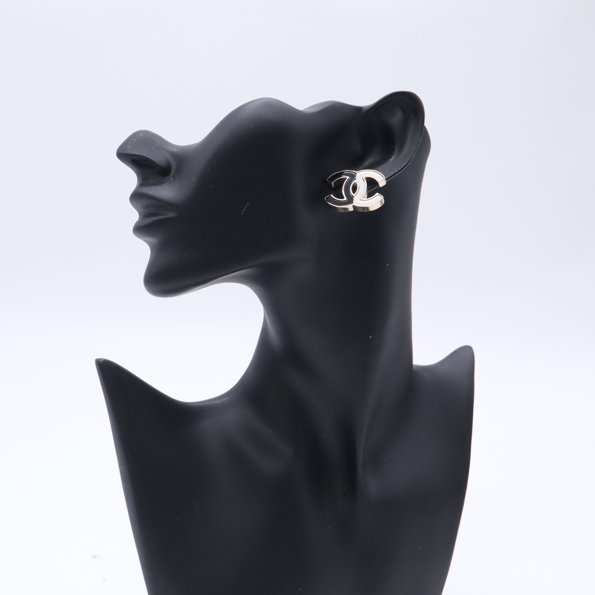 Chanel Two Tone CC Enamel Stud Earrings in Gold, Black, and White Twins LDJ5637