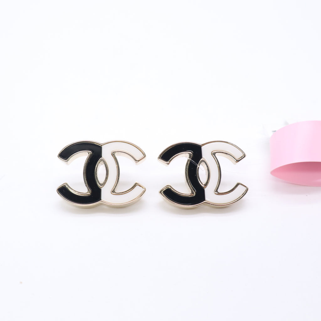 Chanel Two Tone CC Enamel Stud Earrings in Gold, Black, and White Twins LDJ5637