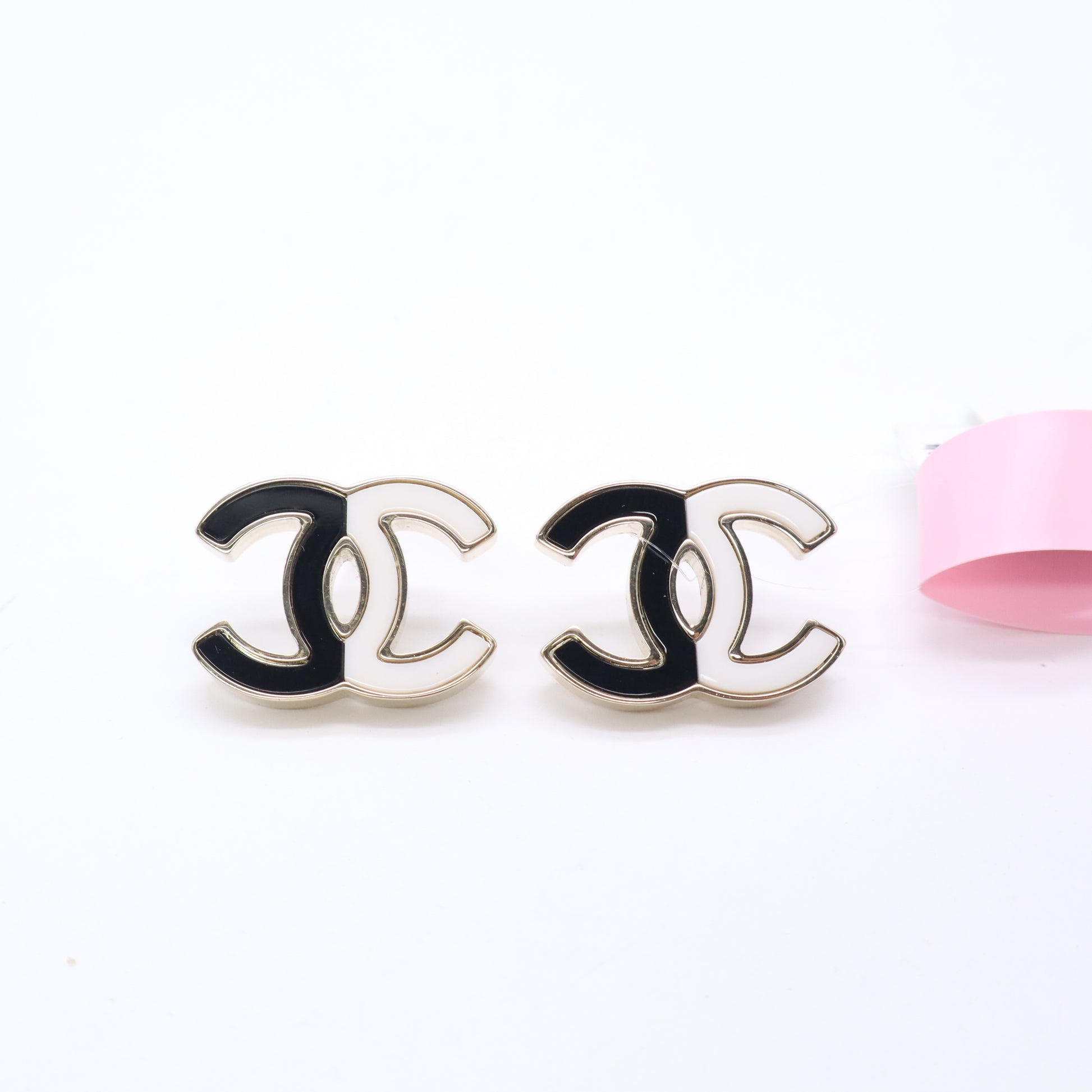 Chanel Two Tone CC Enamel Stud Earrings in Gold, Black, and White Twins LDJ5637