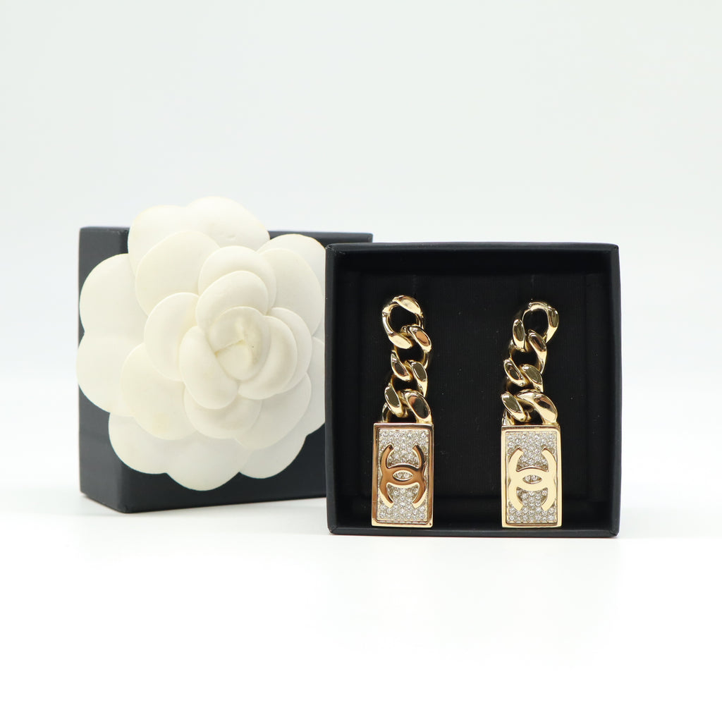 Chanel Crystal Dog Tag Charm Earrings W21504