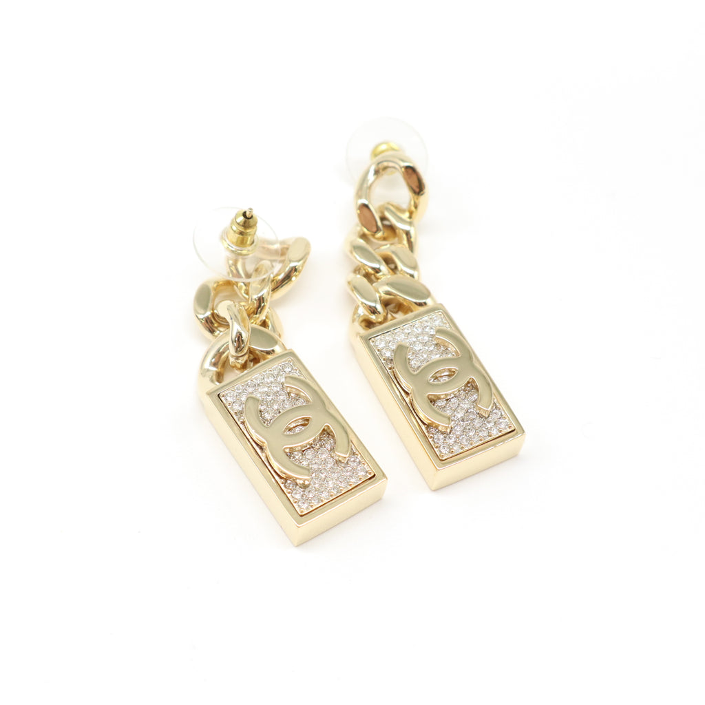 Chanel Crystal Dog Tag Charm Earrings W21504
