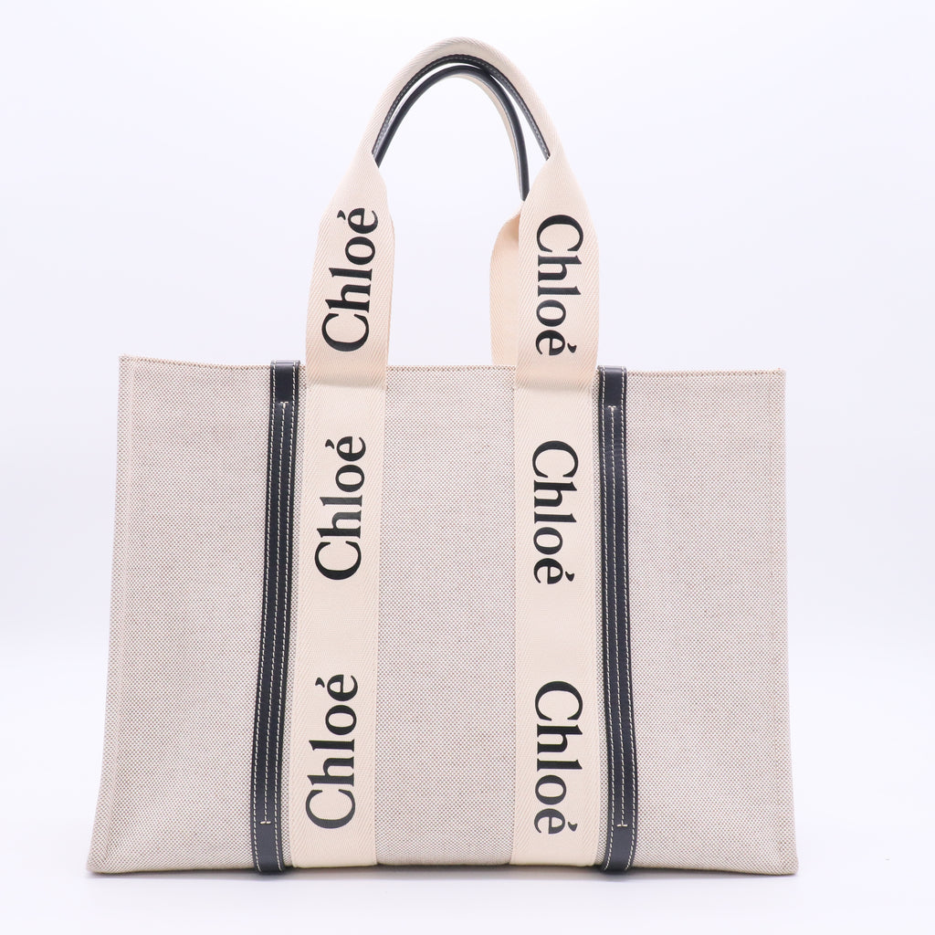 Chloe Woody Tote Beige Black Canvas Medium J2118 twins