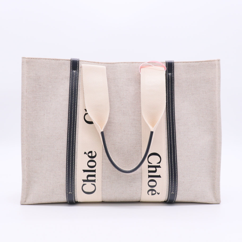 Chloe Woody Tote Beige Black Canvas Medium J2118 twins