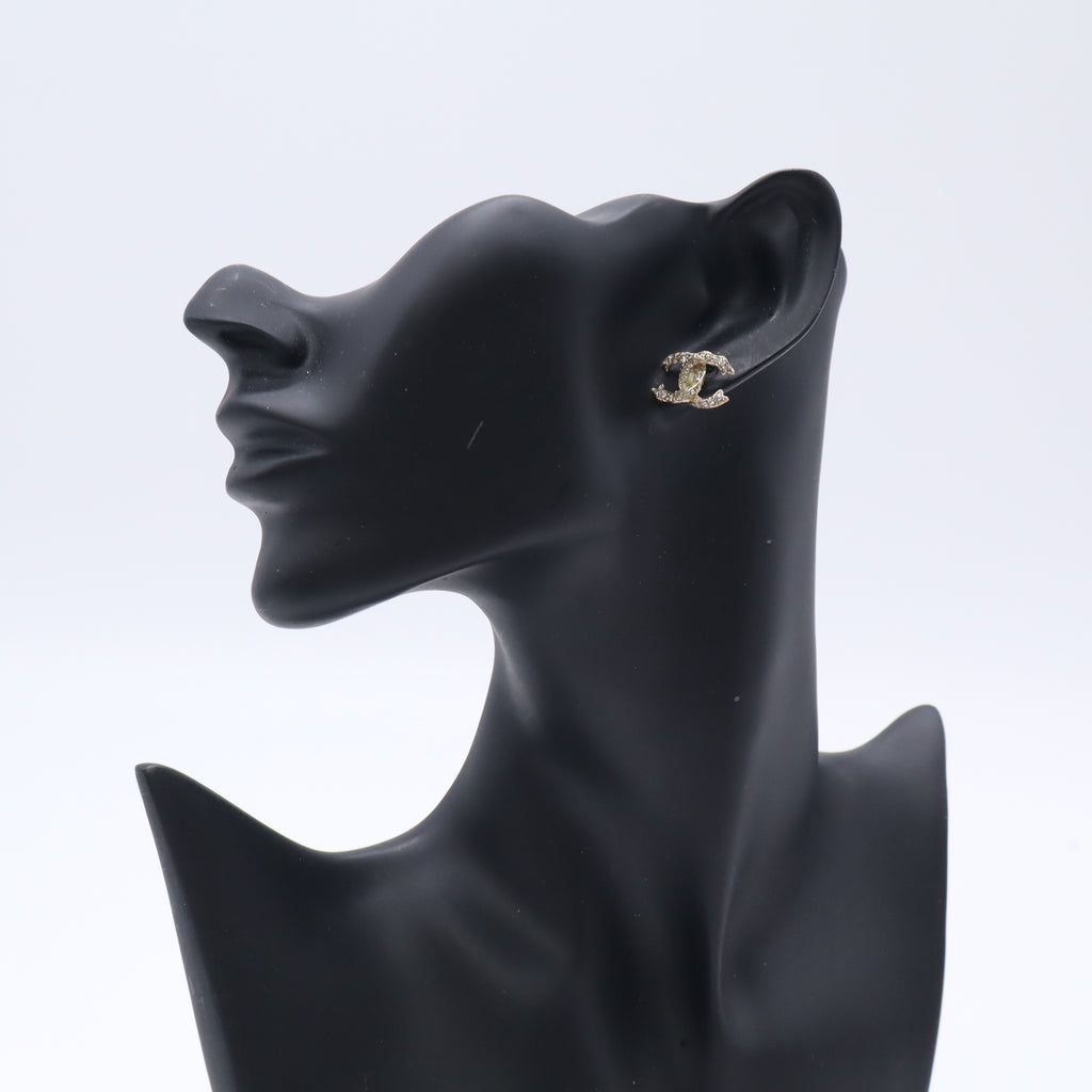 Chanel Pave CC Logo Stud Earrings Golden Metallic Metal Twins LDJ5634
