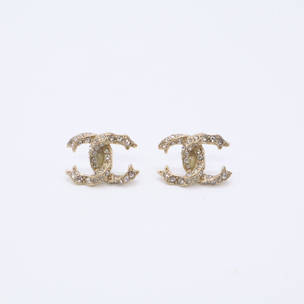 Chanel Pave CC Logo Stud Earrings Golden Metallic Metal Twins LDJ5634
