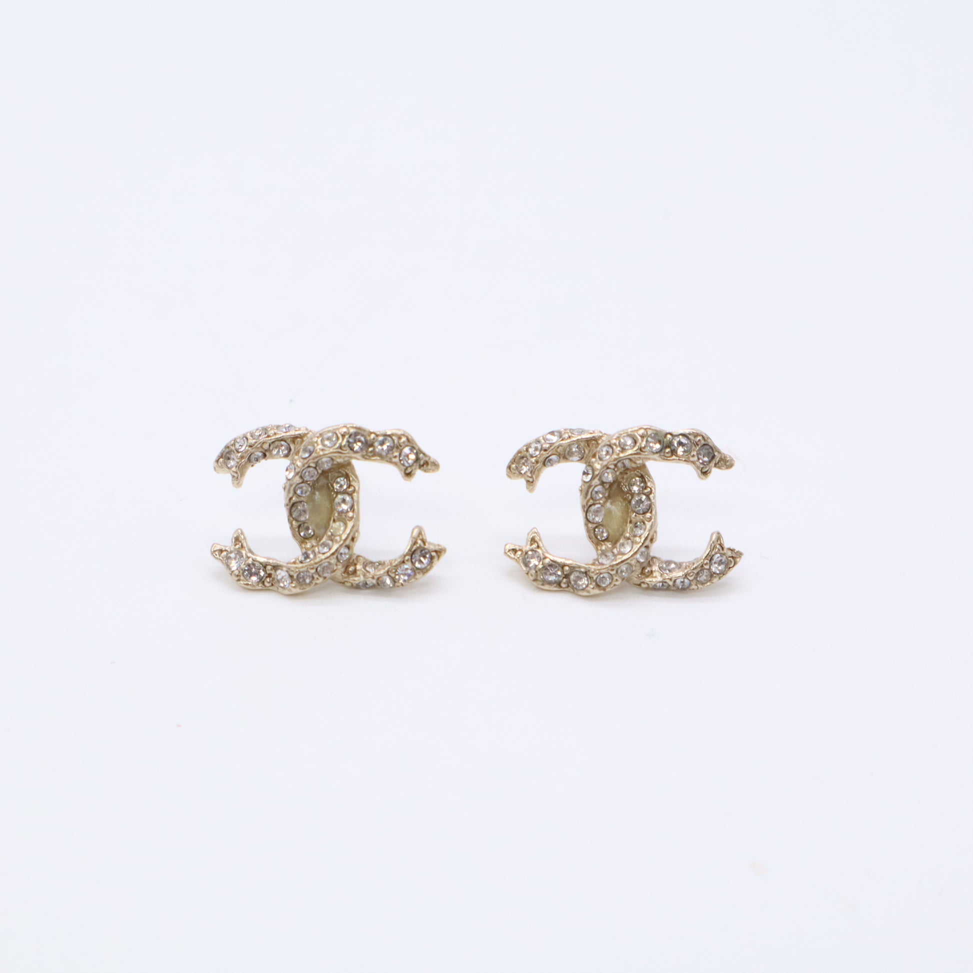 Chanel Pave CC Logo Stud Earrings Golden Metallic Metal Twins LDJ5634