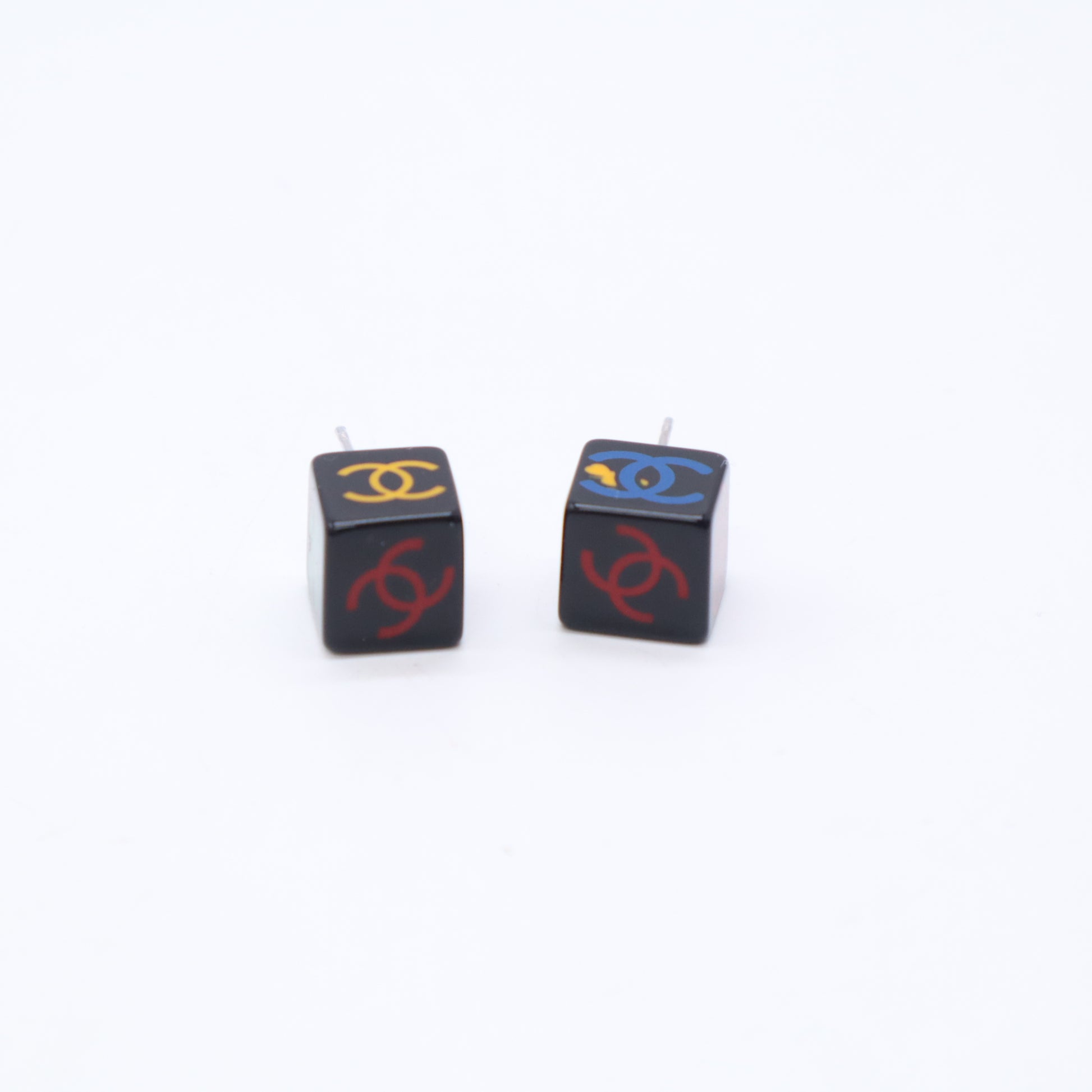 Chanel Black Resin Multicolor Motif Dice CC Pierced Earrings Twins LDJ5630