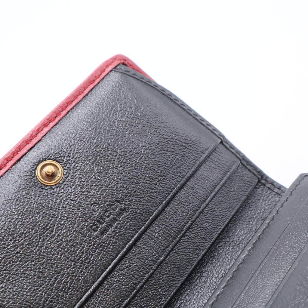 Vintage Effect Calfskin Matelasse Diagonal Torchon GG Marmont Card Case Wallet Black Romantic Cherry for Gisel
