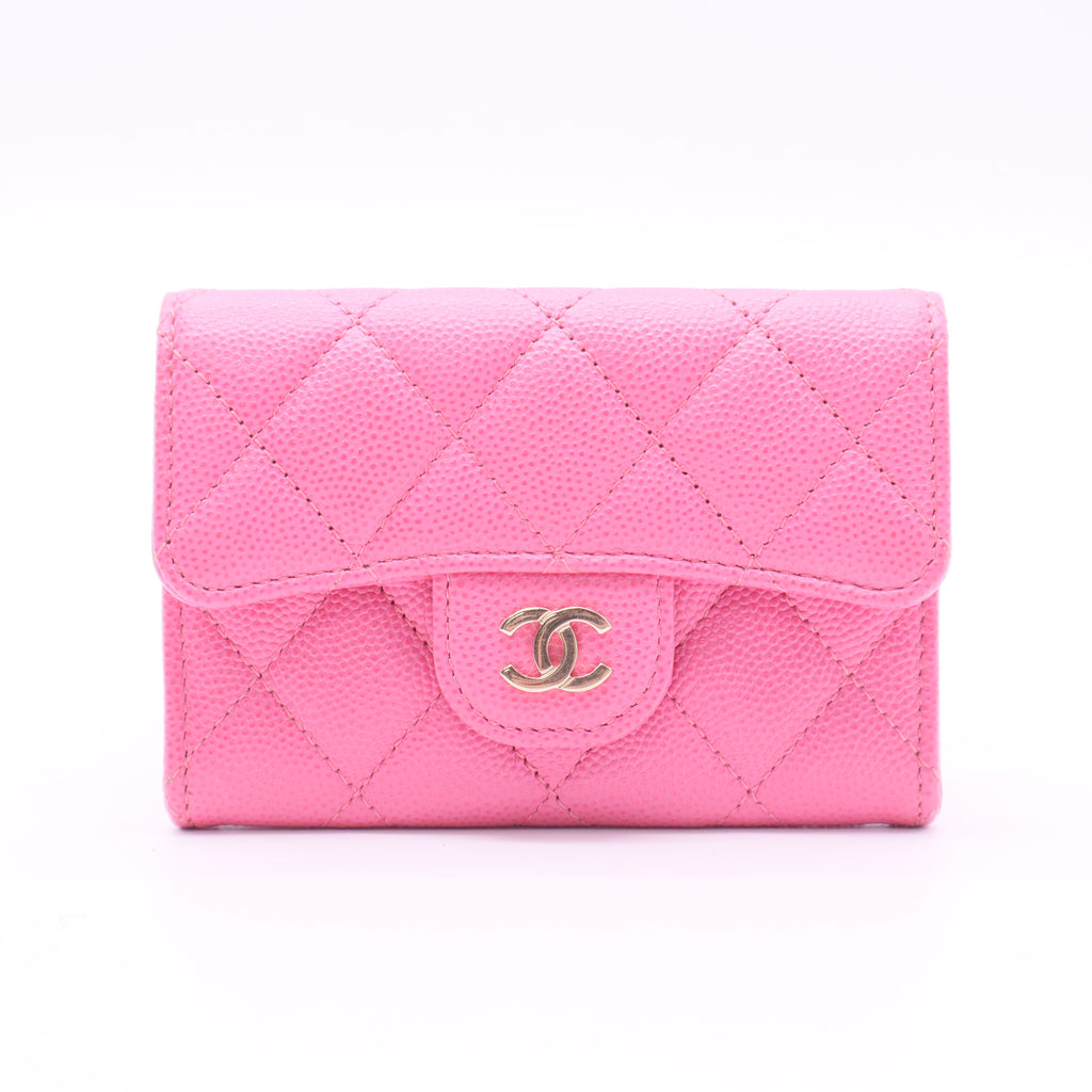 Caviar Quilted Flap Card Holder Wallet Fuchsia twins