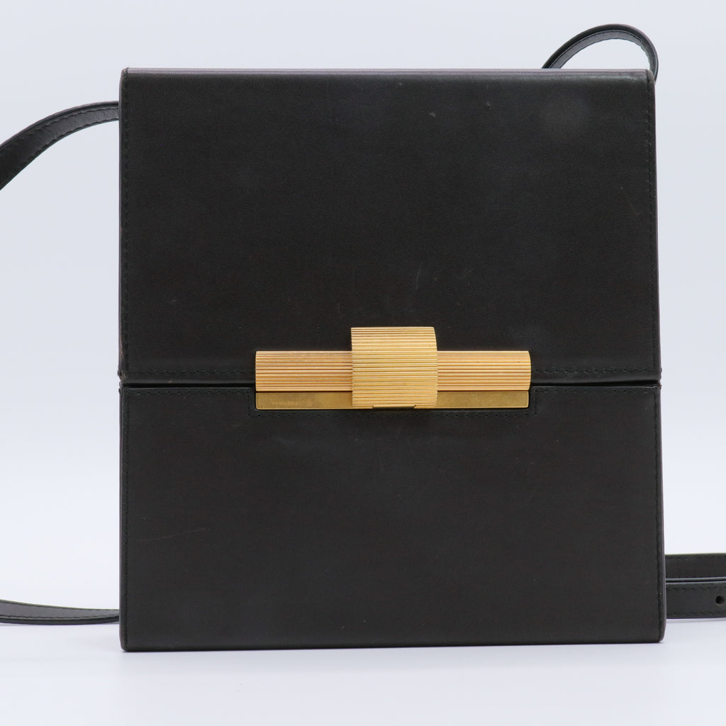 Black leather Daisey box crossbody bag Gold-color brass ribbed clasp For Gisel